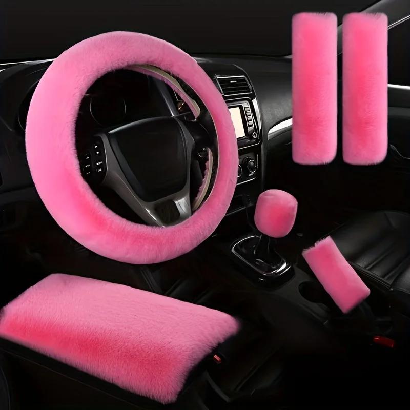 

6pcs/Set Goddess Plush Car Steering Wheel Cover Rex Rabbit Hair Fluffy Steering Wheel Cover розовый