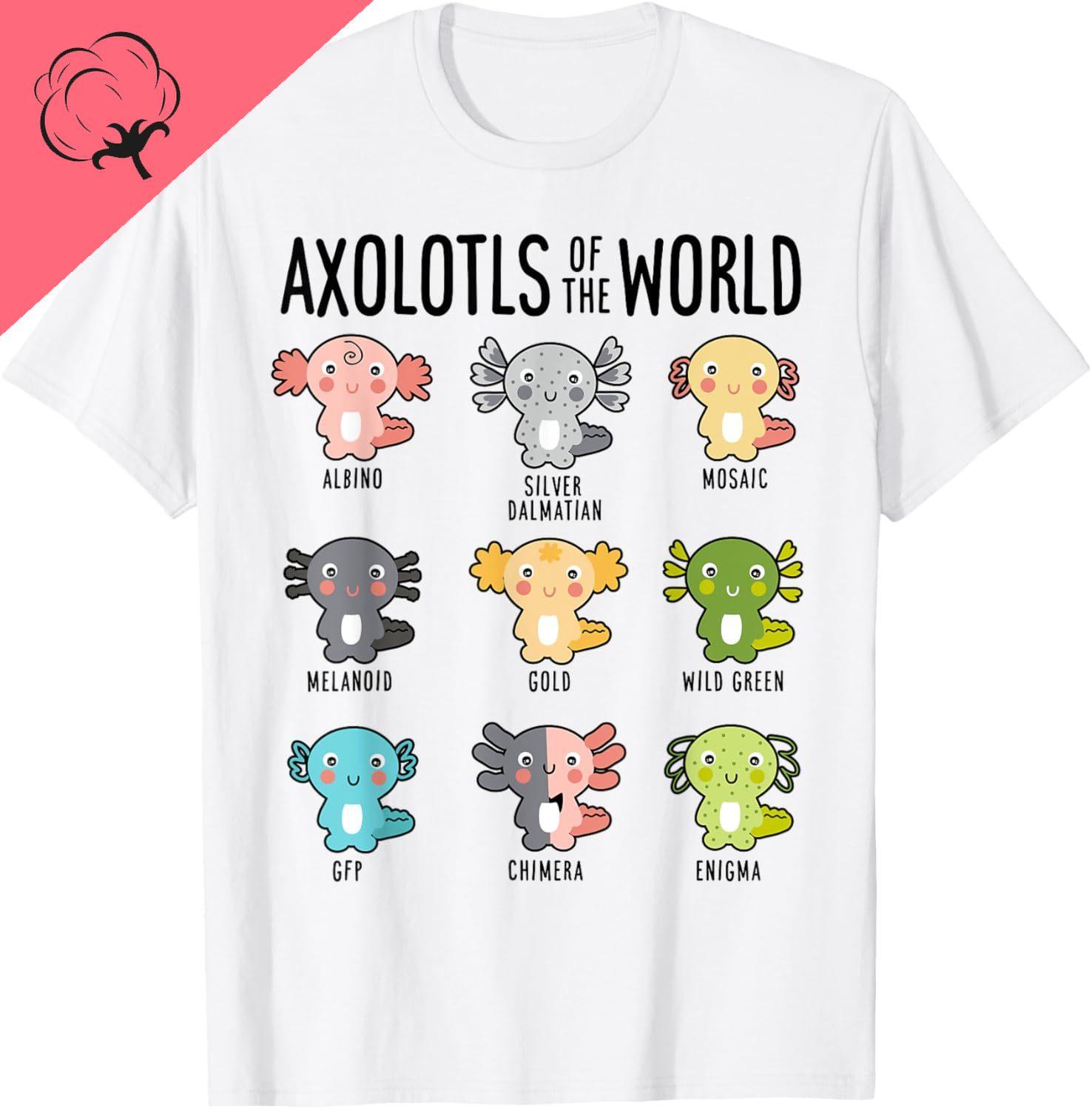 Axolotls of The World Kawaii Types of Axolotl Fish Amphibian TShirt Cute Tshirts Women Clothing Tops Cotton Kawaii Clothes S