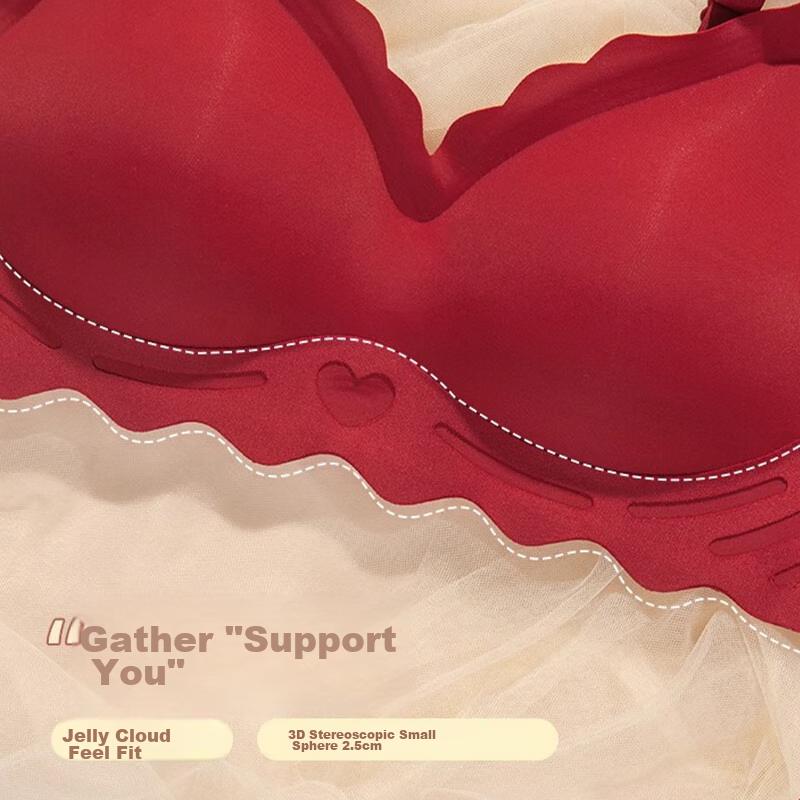 LangSha Zodiac Year Underwear for Women, Wine Red Snake Year Wedding Bridal Small Chest Push-Up Wireless Bra, Seamless Side Support Brassiere
