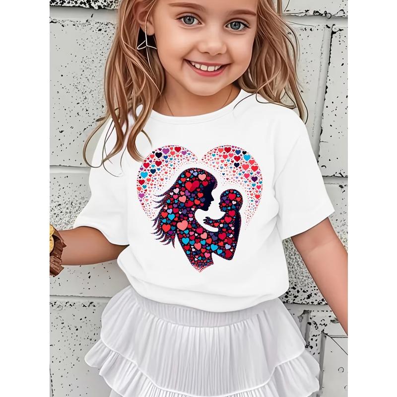 European Size Girls Heart Print Mother and Child T-Shirt Fashionable Versatile and Comfortable