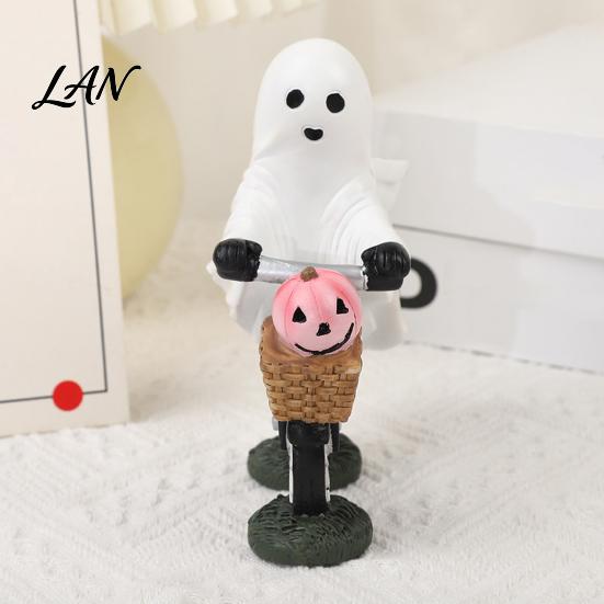 Artistic Halloween Resin Craft Ghost Riding Bicycle Figurine, Spooky Desk Shelf Decor for Funny Rider Desktop Accessory Home Entryway, Hand-Painted