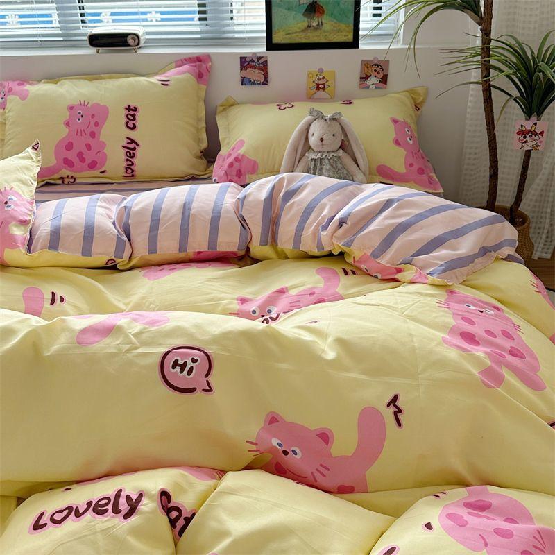 Candy House Cute Girl Heart Washed Cotton Four-piece Dormitory Single Quilt Set Three-piece Sheet Set