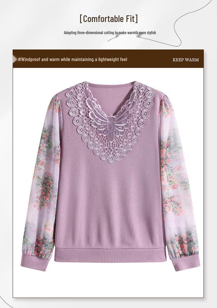 2026 Spring/Summer Elegant Lace Chiffon Rhinestone Shirt for Middle-Aged Women - Tummy-Concealing Plus Size Top