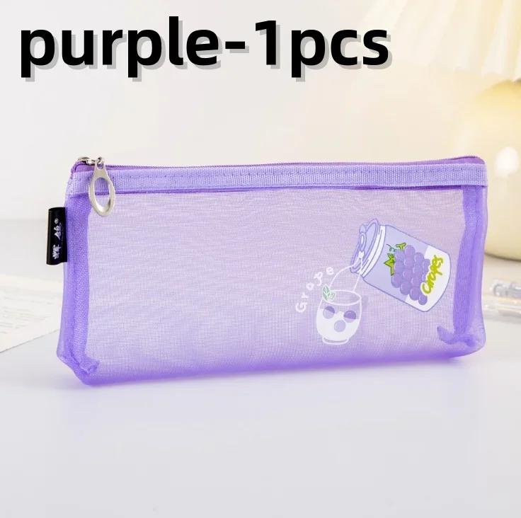 Cute Cartoon Mesh Pencil Case Large Capacity Transparent Stationery Storage Bag Cosmetic Organizer for Girls School Supplies
