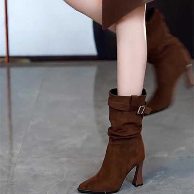 Vintage Wildleder High Heel Damen Schlanke Stiefeletten Herbst Winter Weiblich Elegant Kurze Stiefeletten