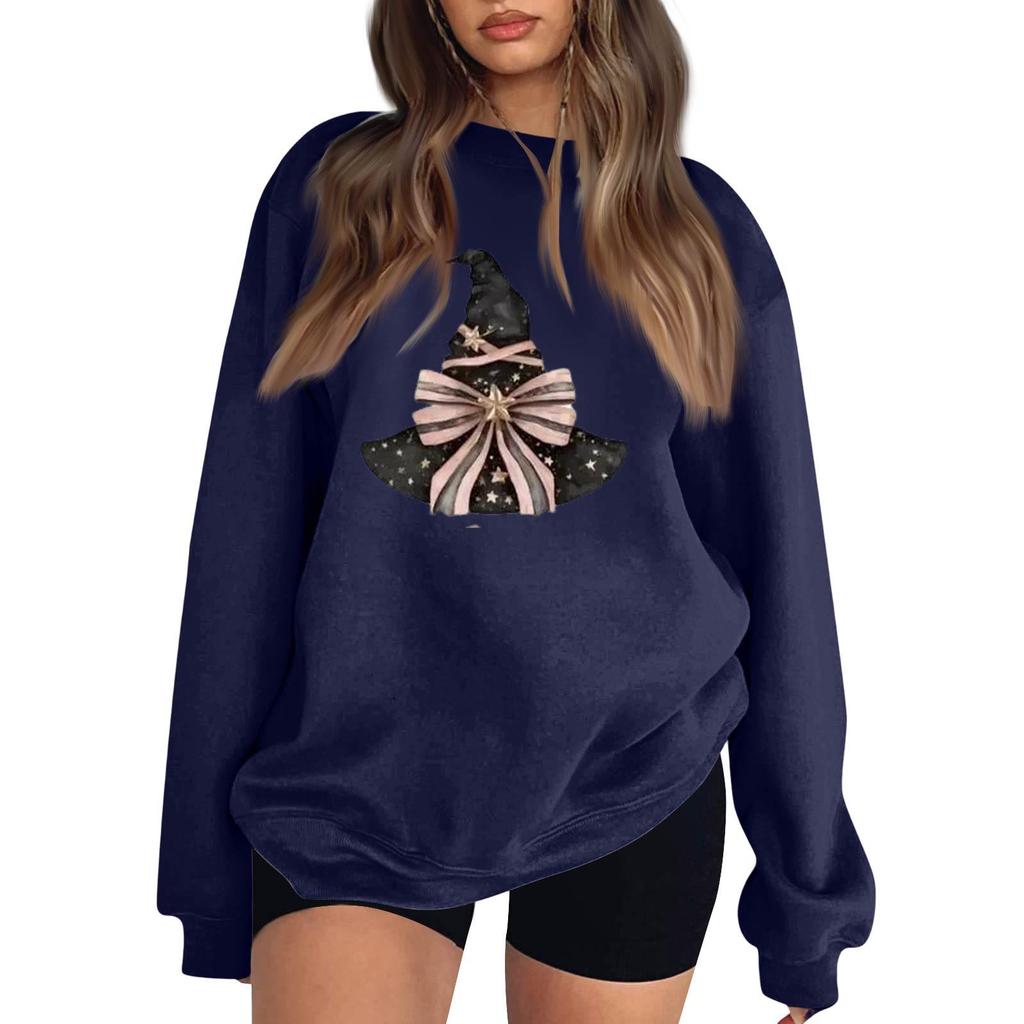 Women's Neck Long Sleeve Sweatshirt Casual Loose Fit Color Pullover with Halloween Print
