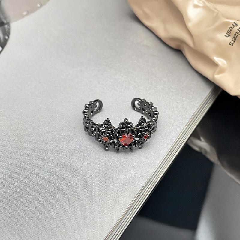 2026 Dark Wind Personality Red Diamond Open Ring Gender Free Wind Spice Girls Stack Wear Niche Design Unique Index Finger Ring Resizable