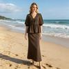 Completi estivi da donna a 2 pezzi con gonna, Top con maniche corte a sbuffo e allacciatura frontale, Gonna lunga a vita alta, Abiti casual per spiaggia e vacanze
