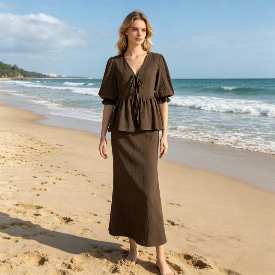 Completi estivi da donna a 2 pezzi con gonna, Top con maniche corte a sbuffo e allacciatura frontale, Gonna lunga a vita alta, Abiti casual per spiaggia e vacanze