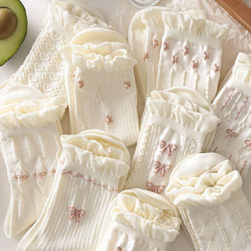 

5 Pairs Women Lolita Style Mid Tube Socks Fashionable Bow and Small Flower Pattern Spring Summer Cute Sweet Casual Socks One Size