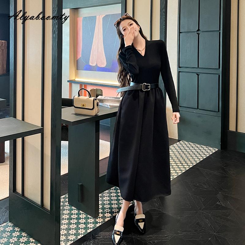 Elegant Fashion Autumn Winter Women Sweater Dress V Neck Kntting Thick Warm Midi Dress Office Lady Black Knitted Dress With Belt