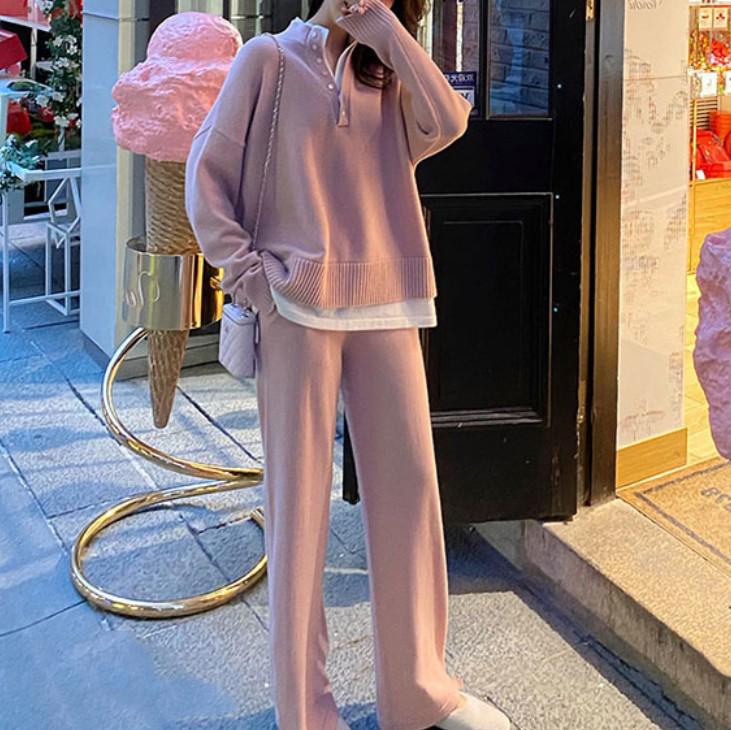 2025 Autumn Fashion: Women's Knit Sweater & Wide-Leg Pants Set for Plus Size