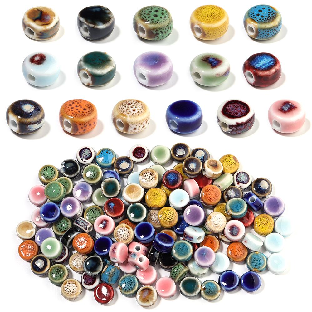 10pcs/lot 12mm Colorful Floral Glaze Ceramic Beads Flat Round Loose Beads for DIY Jewelry Making Bracelet Necklace Accessories