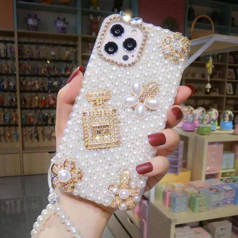 

Совместимый чехол для телефона Apple 17 со стразами из жемчуга - Роскошный, Полное покрытие, Защита от падений, Мягкий силикон для 14/15/13/16 Pro Max. iPhone 14 Pro