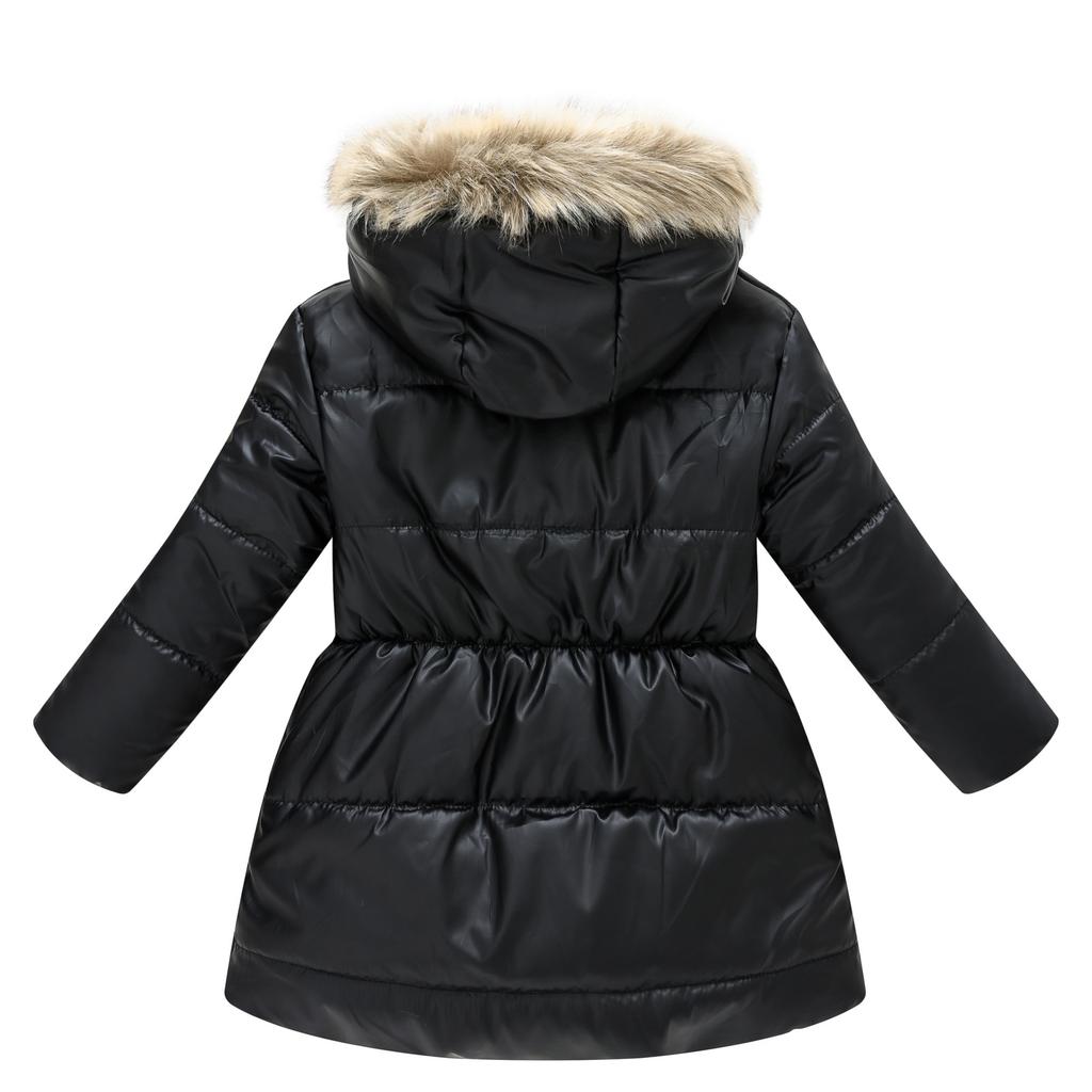 Girls' Solid Color Long Hooded With Faux  Trim - Winter Warm Coat