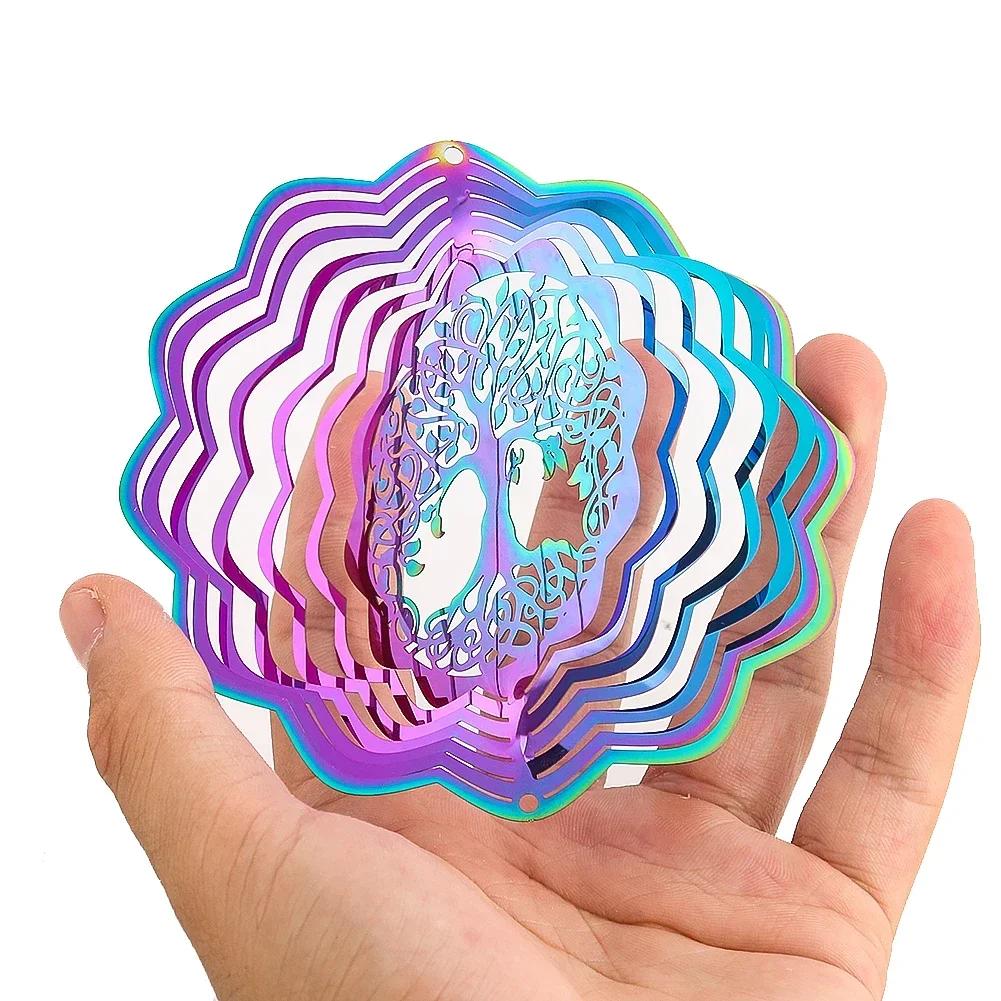 Gradient Color Tree of Life Wind Spinner Stainless Steel 3D Rotating Wind Chimes Catcher Pendant Home Decor Garden Bird Repeller