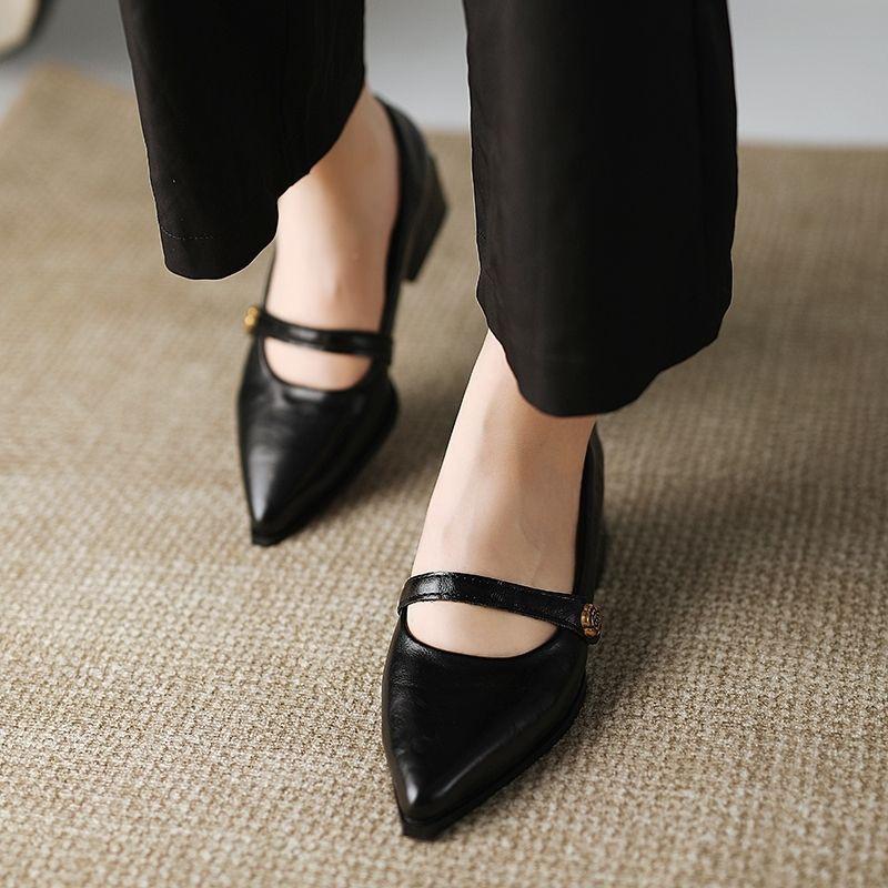 Premium sense shallow mouth new pointed high heels women's retro camellia one-word buckle temperament versatile Mary Jane single shoes