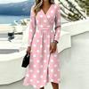Women's Casual Polka Dot Printed Long Sleeve V-Neck Dress with Pockets