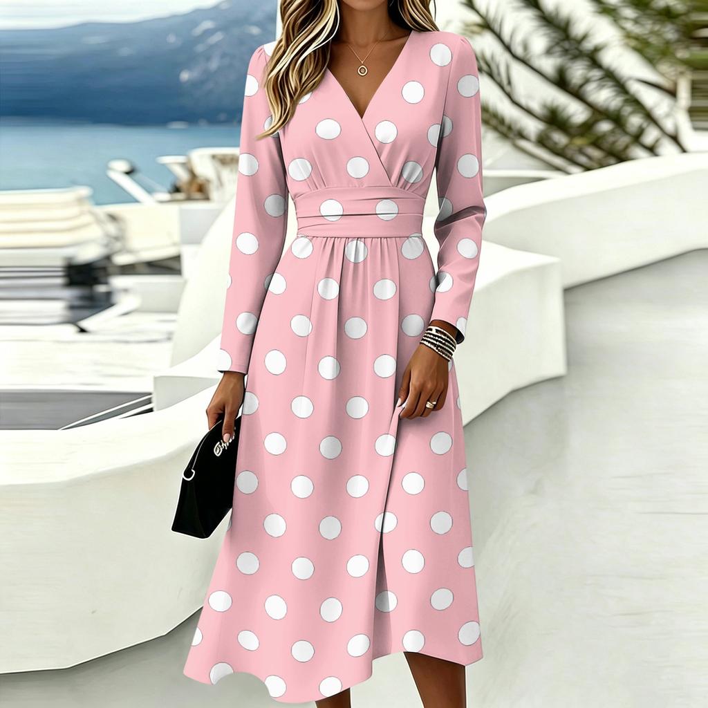 Women's Casual Polka Dot Printed Long Sleeve V-Neck Dress with Pockets