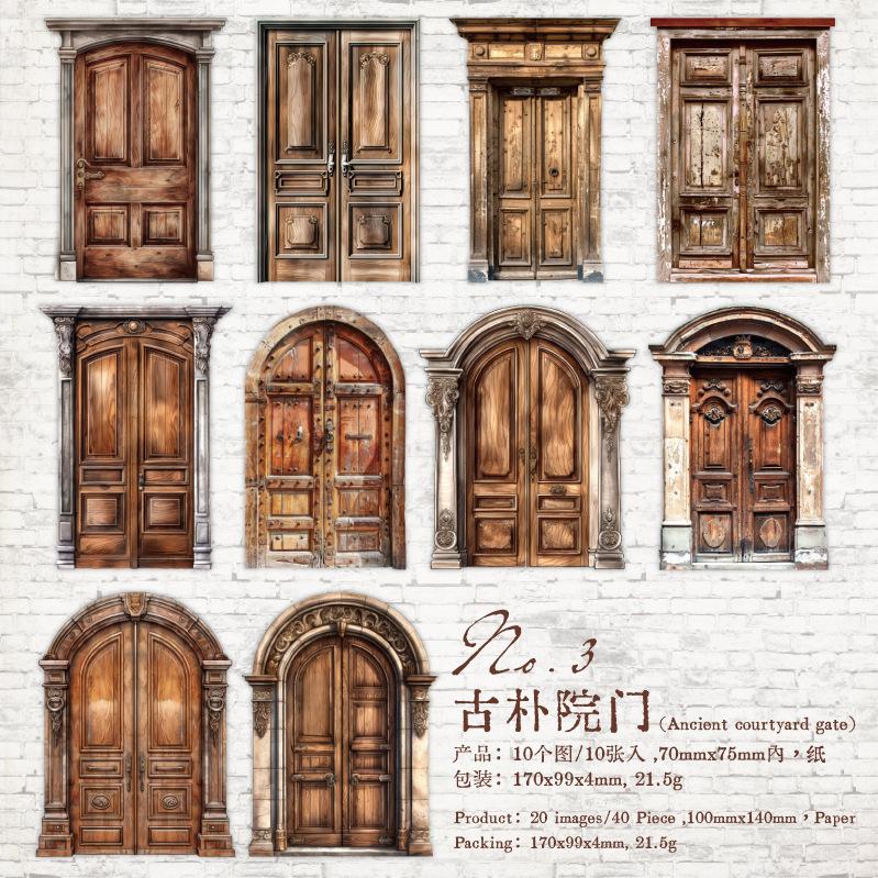 10-Sheet Vintage Wooden Door Theme Hard Card Stickers, Retro Door Frame Patterns & Sturdy Material, for Journal DIY