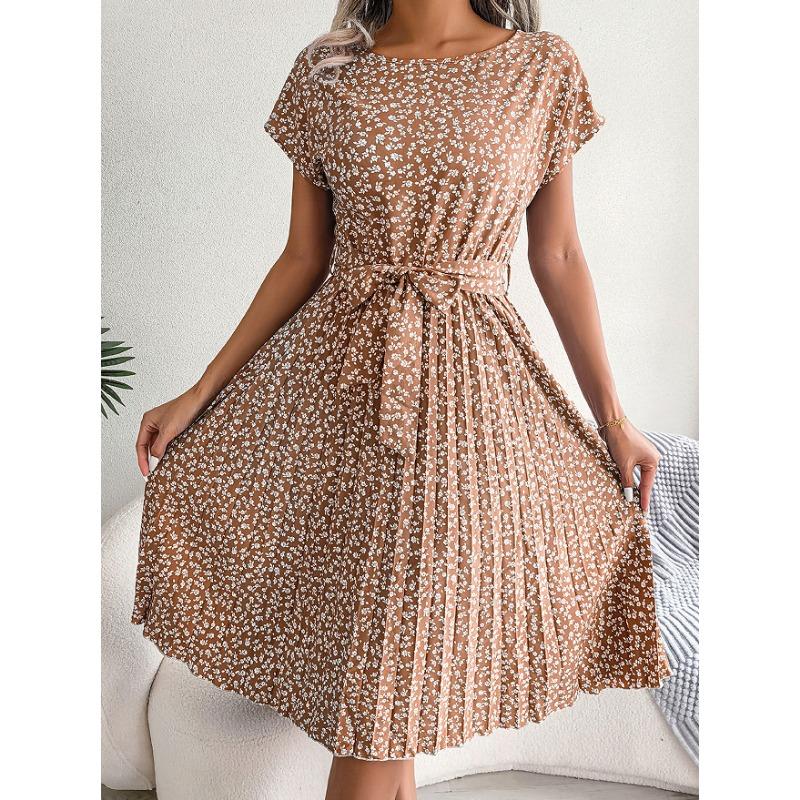 Sommer Damen Grün Blumendruck Plissiertes Midi-Kleid Mit Gürtel