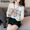 Spring and Autumn Women's Shirt Long Sleeve Backing Chiffon Shirt Versatile Western-style Women's Bow Top
