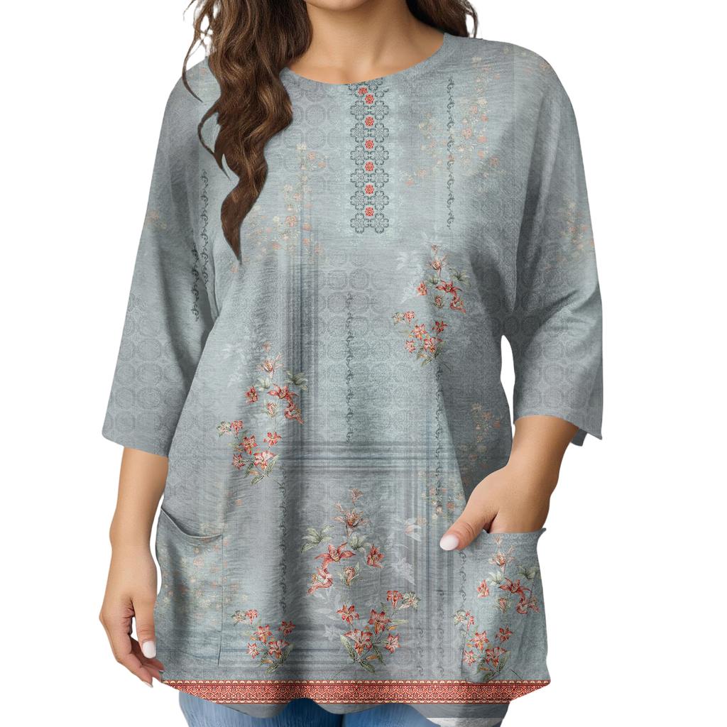 Modeblus för damer, större storlekar, med tryck, kortärmad, för elegant pendling och fritid