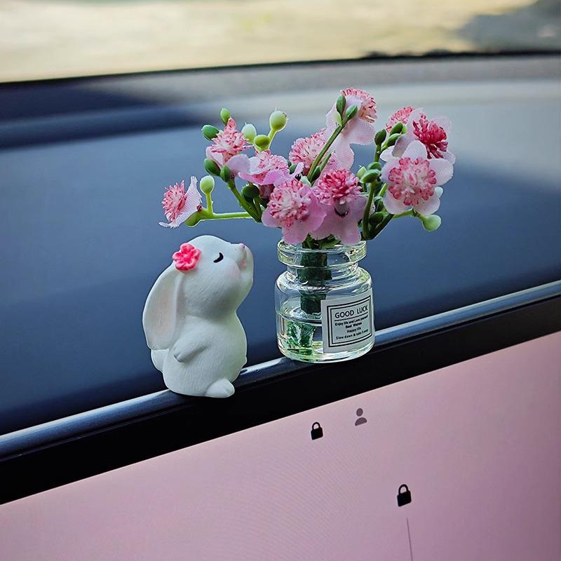 1 Set  Car Healing Doll Ornaments Cute Mini Vase And Rabbit Car Center Console Window Decoration