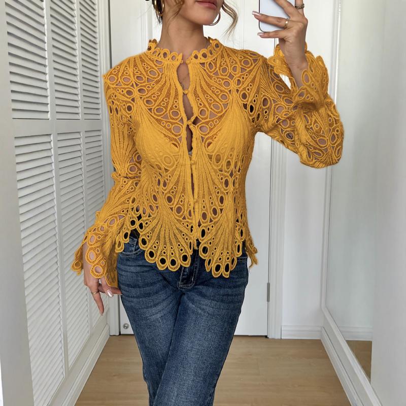 2026 Autumn New Lace Hollow Out Solid Color Top Fashionable Casual Long Sleeve Shirt for Women