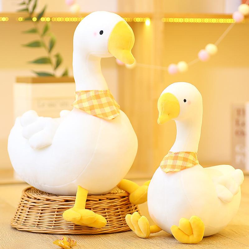 White Plush Goose Dolls With Checkered Scarf Design For Lounging And Gifts