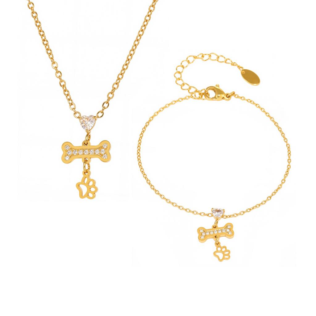 Heart Bone Pendant Necklace & Chain Bracelet Set