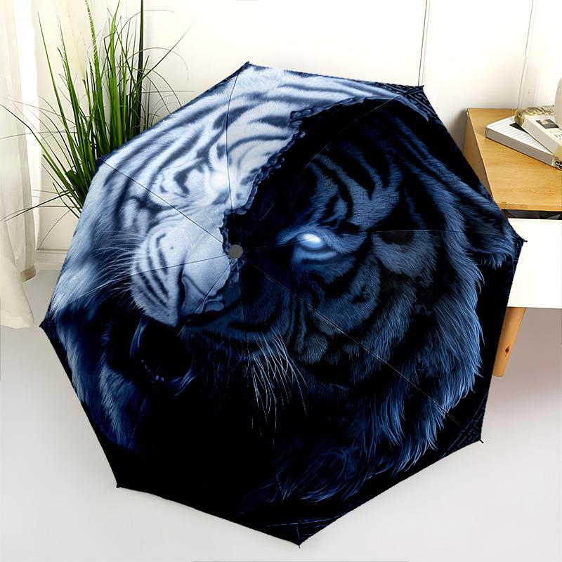 Ferocious Tiger Pattern, Automatic Folding Umbrella, Portable and Foldable Design, 8 Ribs, a Christmas or Birthday Gift.