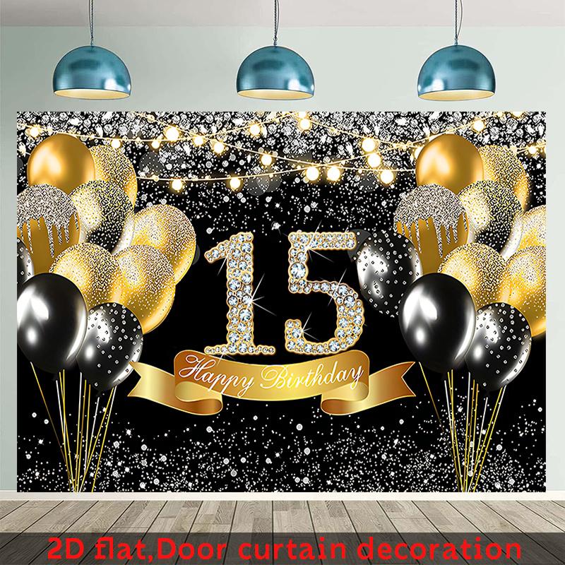 1 piece of 2D flat banner, 15th birthday background, black and gold birthday party decoration, glittering balloon background