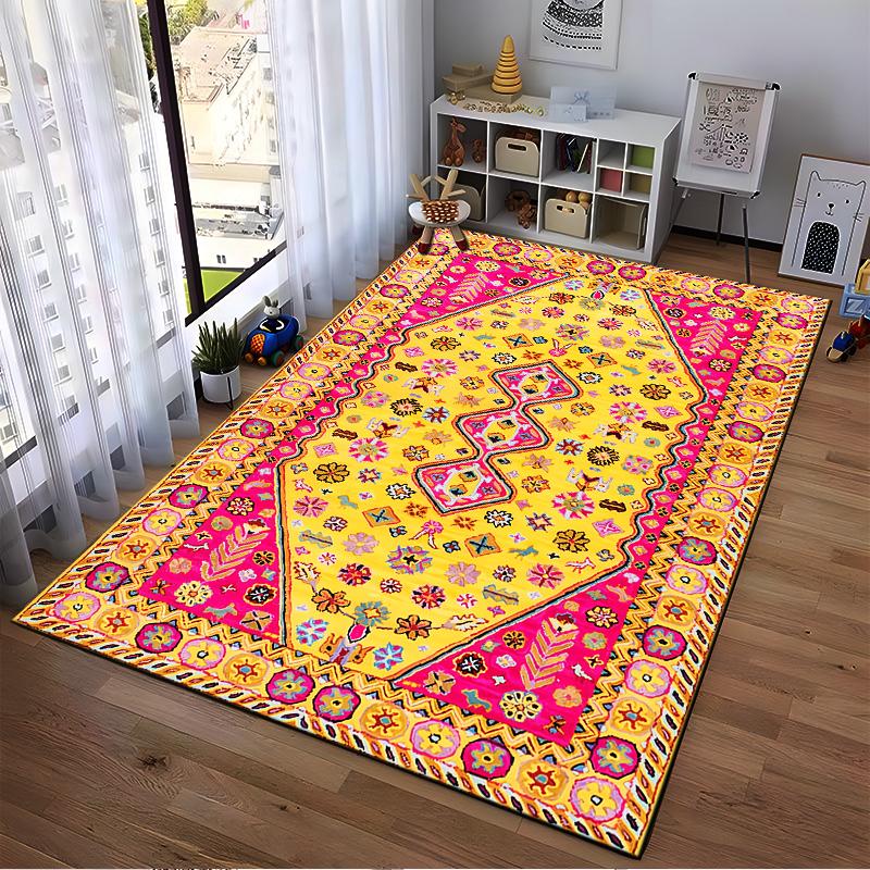 Colorful Bohemian Abstract Floral Carpet with Yellow and Pink Design Suitable for use as an anti-slip for living room bedroom sofas