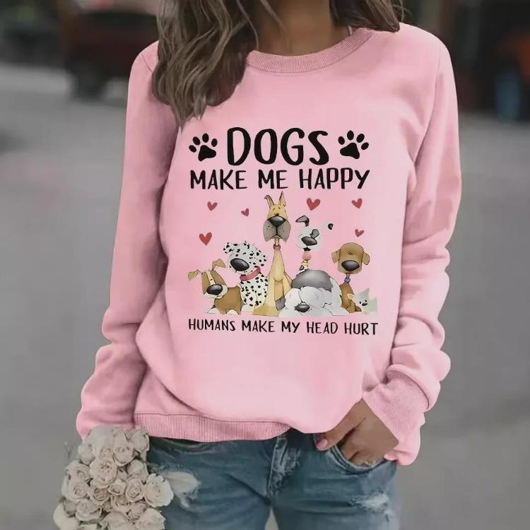 European American Cross Border Women Casual Autumn Winter Dog Print Pullover Round Neck Long Sleeve