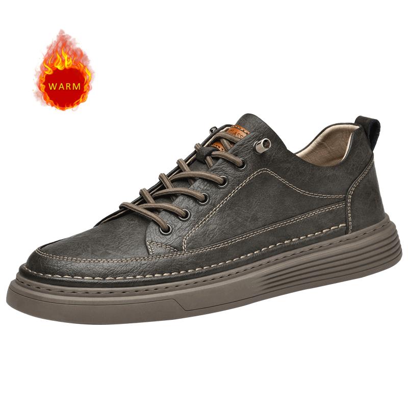 Classic Brand Men's Leather Casual Shoes Retro Khaki Men's Oxford Shoes Breathable Men's Outdoor Hiking Shoes Winter Velvet