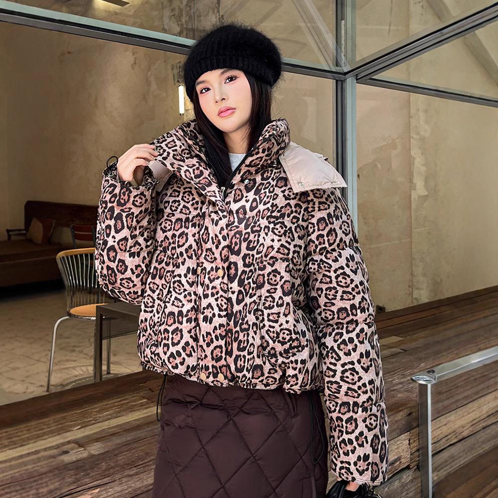 Bawełniany Płaszcz w Panterkę w Stylu Vintage Najnowszy Zimowy Niszowy Kołnierz Stojący Płaszcz Chlebek Płaszcz Puchowy Bawełniany