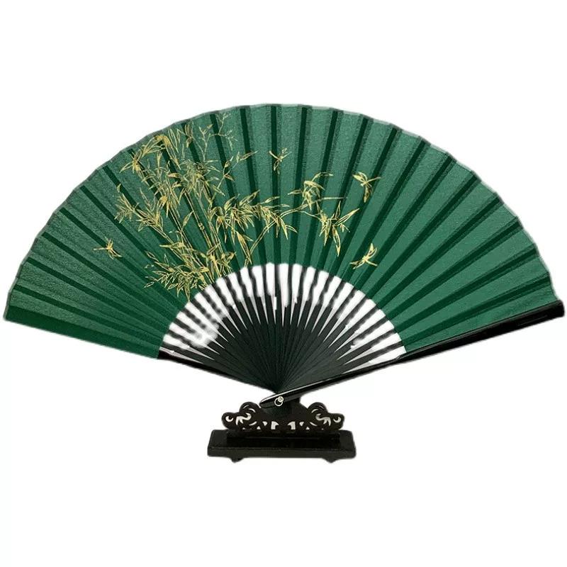 Chinese Style Folding Fan for Men, Portable, Retro Style, Classical, Traditional Hanfu, Black and Green, Bamboo Design