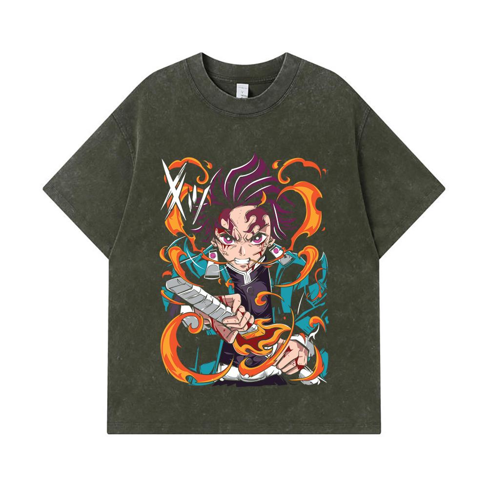 

275 GSM Washed T-shirts 100% Cotton Demon Slayer V64 Tanjiro Fire Breathing Print Unisex Heavy Cotton T Shirt S армия зеленый