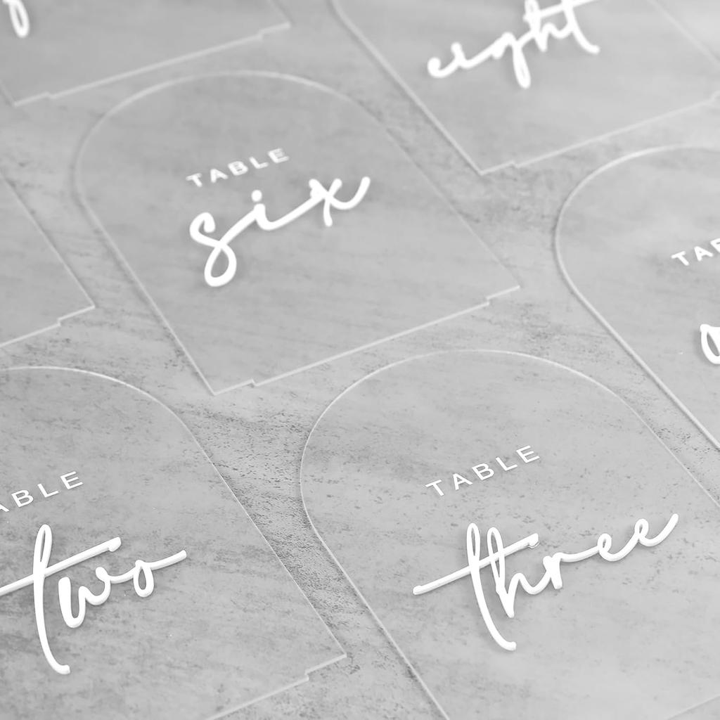 Frosted Arched Wedding Table Numbers 1-10 with Stands, 5x7 Inch Acrylic Arch with White Numbers, 3D Acrylic Table Numbers for Wedding Reception