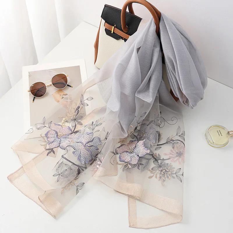 Fashion silk wool scarf women hijab pashmina shawls wrap Luxury Bandana Blanket Floral Pashmina Embroidery Scarves Foulard