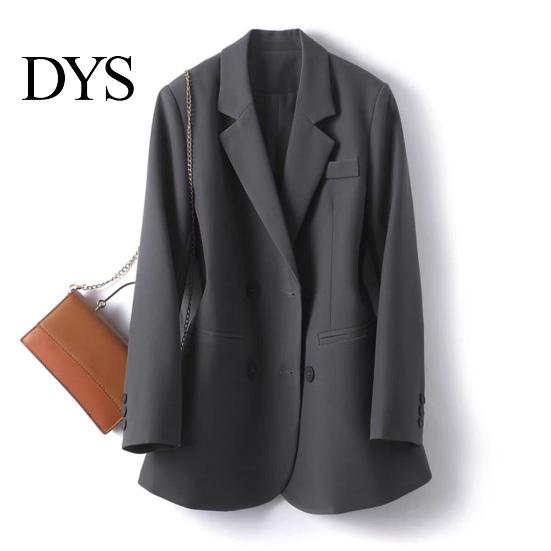 Versatile Women Jacket Suit Coat Lapel Long Sleeve Double Breasted with Pockets Solid Color Loose Fit Office Lady Workwear