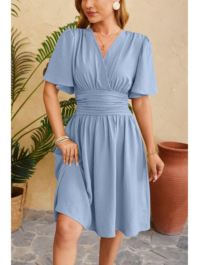 2024 Spring/Summer Women's V-Neck Waist-Cinching Flared Sleeve Dress