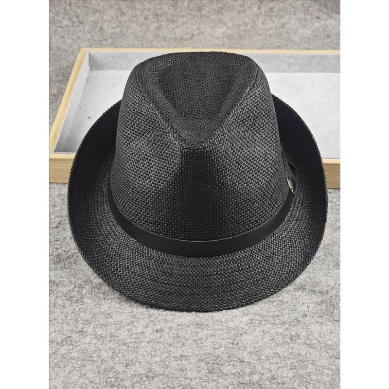 Mens Black Woven Fedora Hat Short Brim Leather Band Metal Buckle Lightweight Sun Hat for Travel Beach Daily Wear 57-68cm чёрный