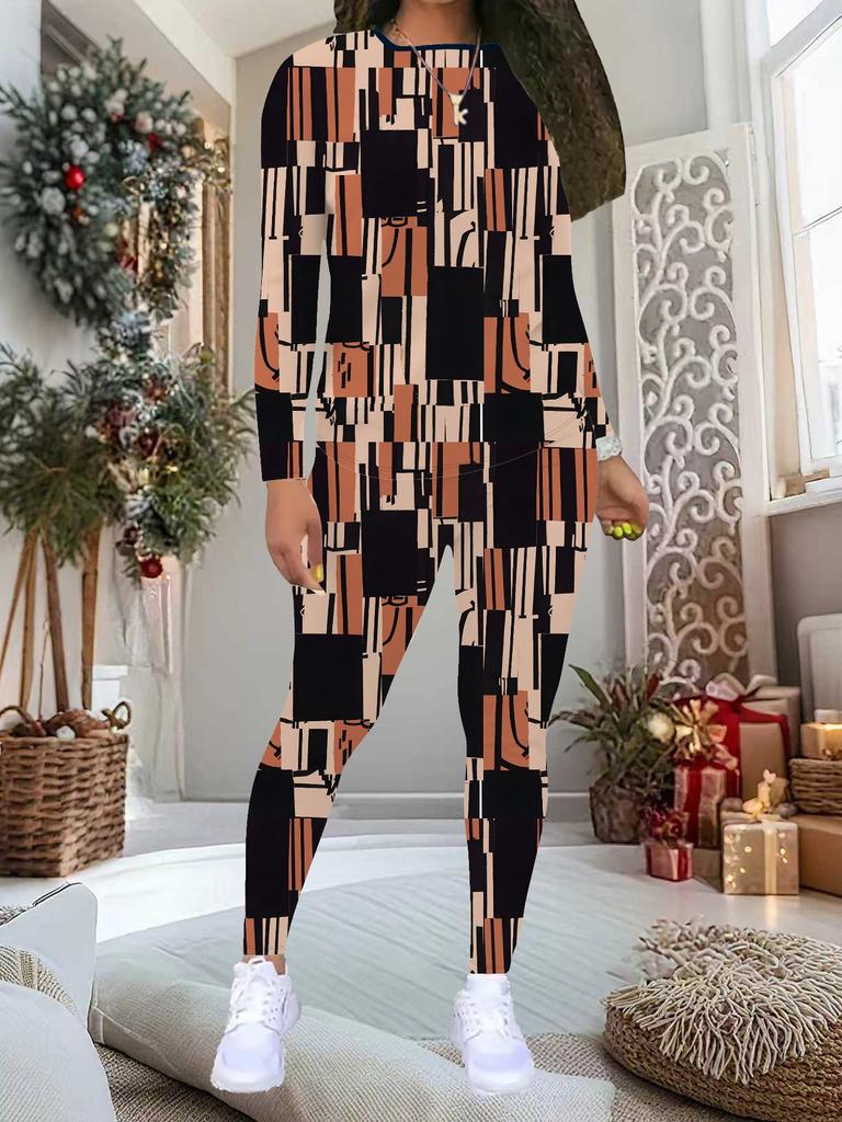 Women's Geometric Pattern Print 2-Piece Outfit: Long Sleeve Crew Neck Top & Pants, Holiday Limited Casual Party Gift Suit