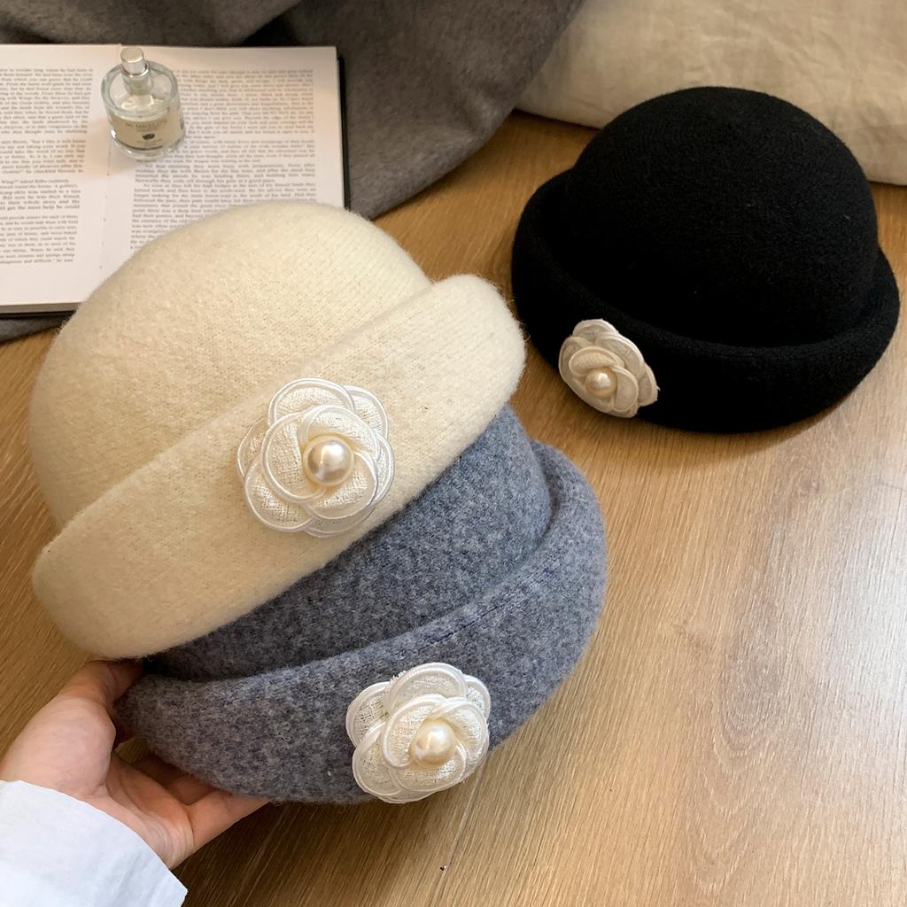 French Camellia Pearl Top Hat, Women'S Autumn And Winter Luxury Sense, Beret, Retro Pot Hat