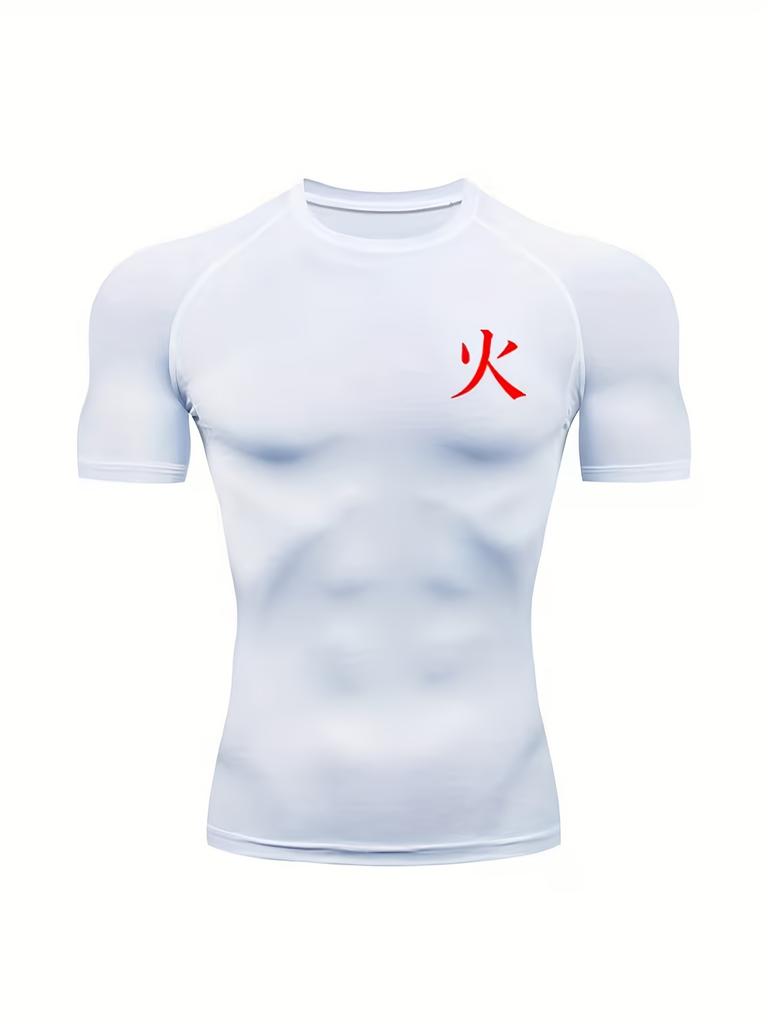 Men's Chest Minimalist Red Kanji Print Compression Shirt High Elasticity Moisture Wicking Sportswear