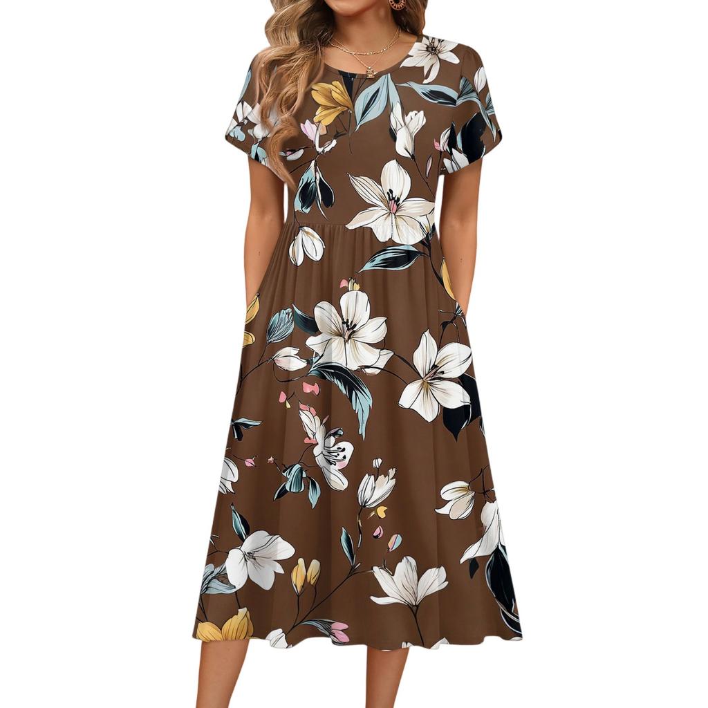 Damenmode Sommer Rundhals Kurzarm Blumendruck Strandkleider