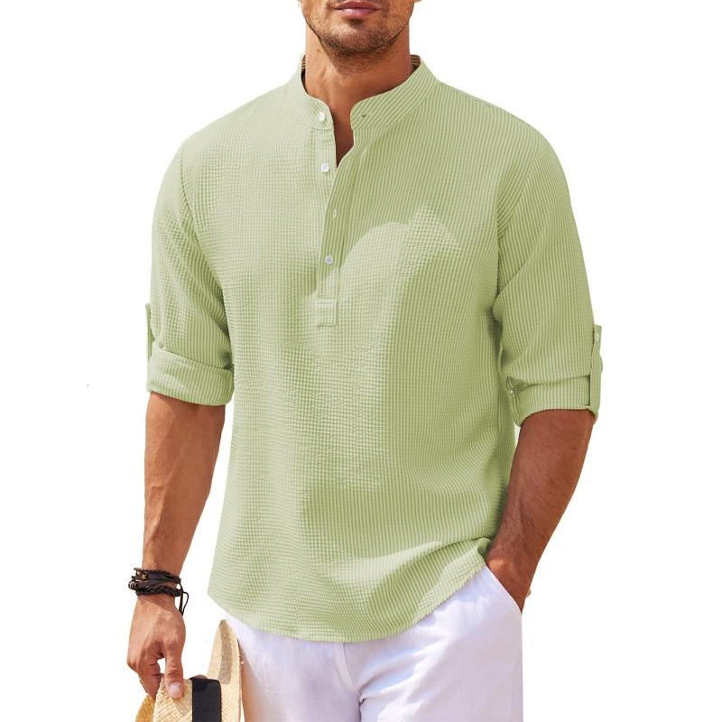 Men's long-sleeved shirt stand-up collar half-open button-up shirt pineapple plaid shirt men's casual shirt top