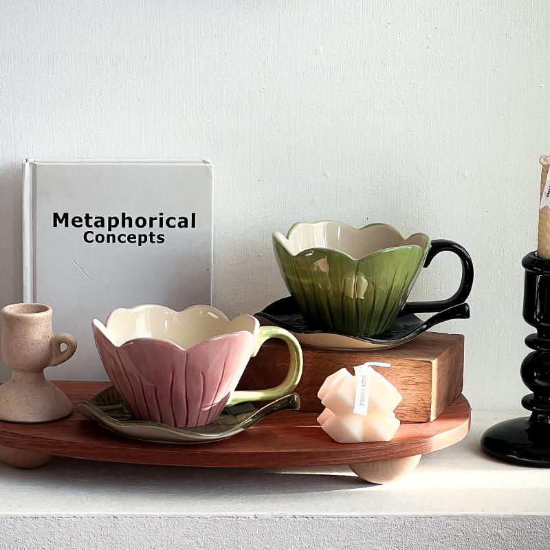 Textile Article Yellow Niche Hand Color Tulip Flower Ceramic Coffee Cup And Saucer Set Medieval Cup Afternoon Tea Latte Flower Water Cup
